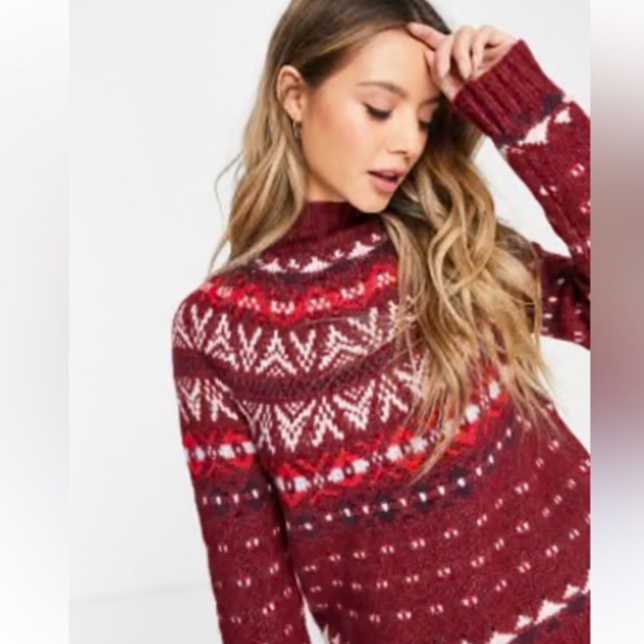 American Eagle Wool Blend Oversized Burgundy Fair Isle Sweater Size XL - Picture 11 of 12